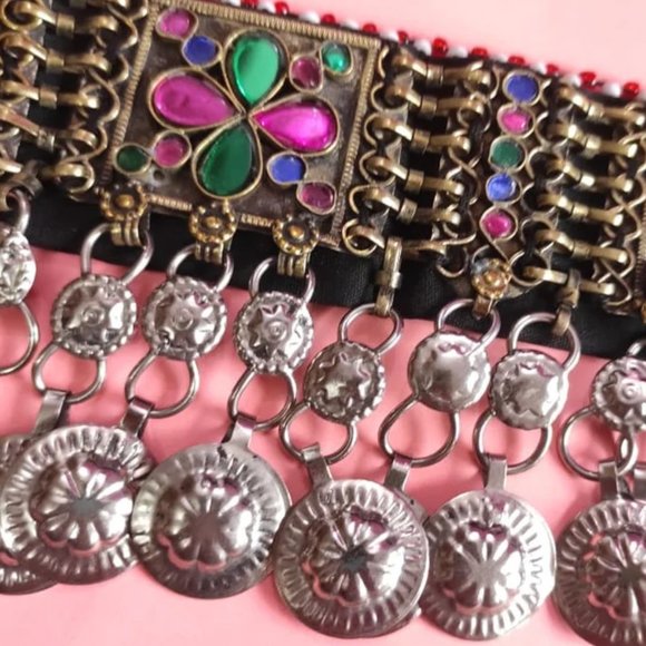 Multicolor Afghan Choker, Afghan Kuchi Glass Stones And Dangling Tassels Necklac - Picture 6 of 9